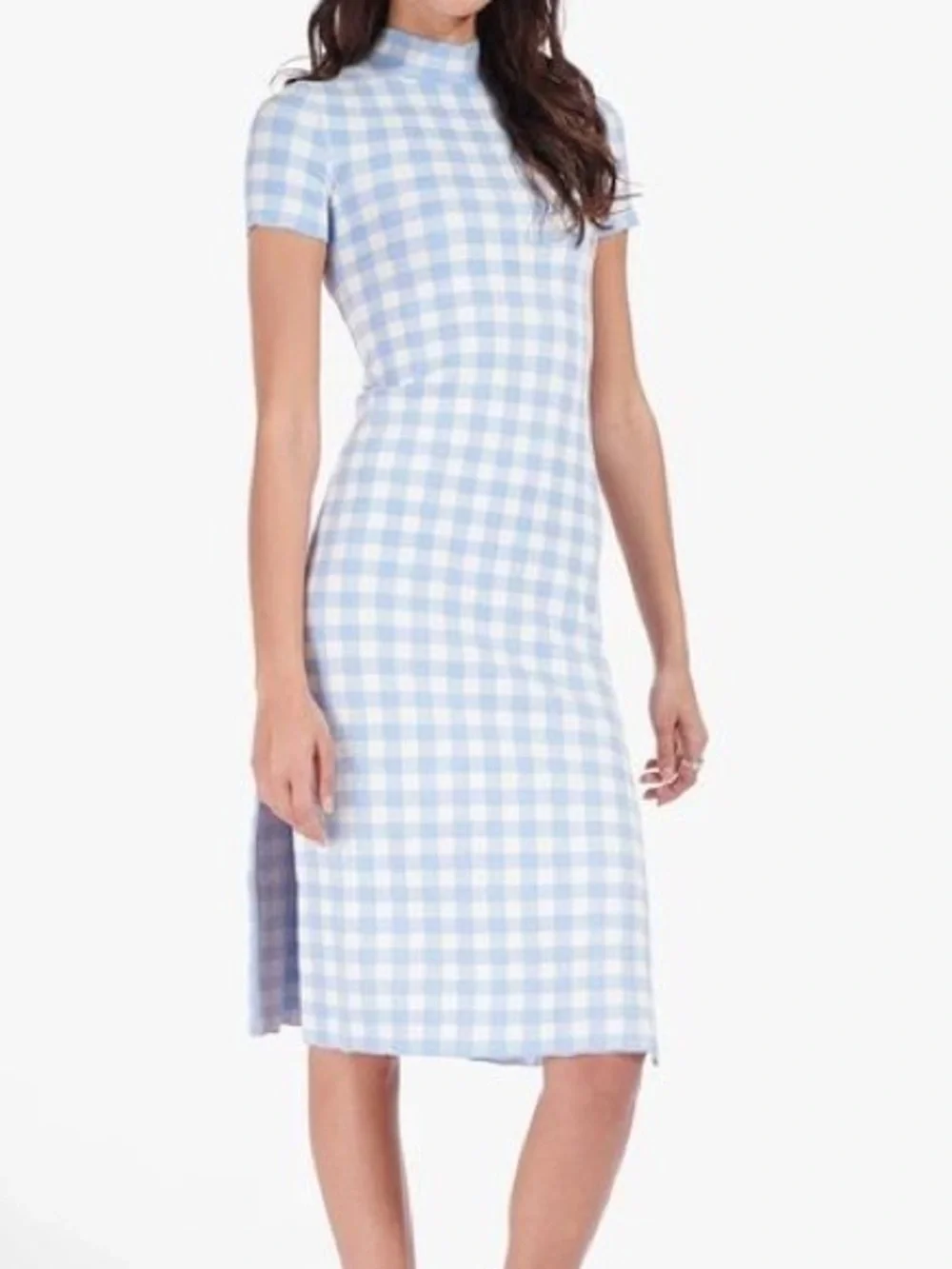 STAUD Women’s Blue/White Plaid Print Short Sleeve Midi Dress Mock Neck - Small - Picture 1 of 11